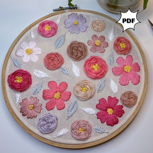 Embroidery for beginners PDF pattern: pink garden